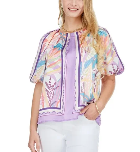 Floral Scarf Pleated Puff Sleeve Top