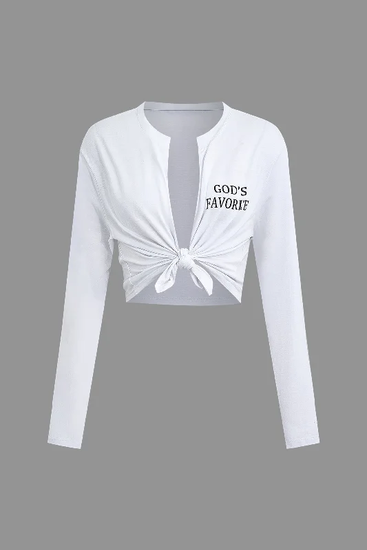 GOD'S FAVORITE Letter Knot Front Long Sleeve Crop Top