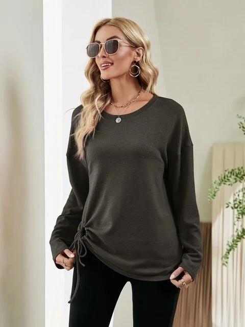 FashionSierra - Solid Irregular Drawstring Casual T-shirt Top