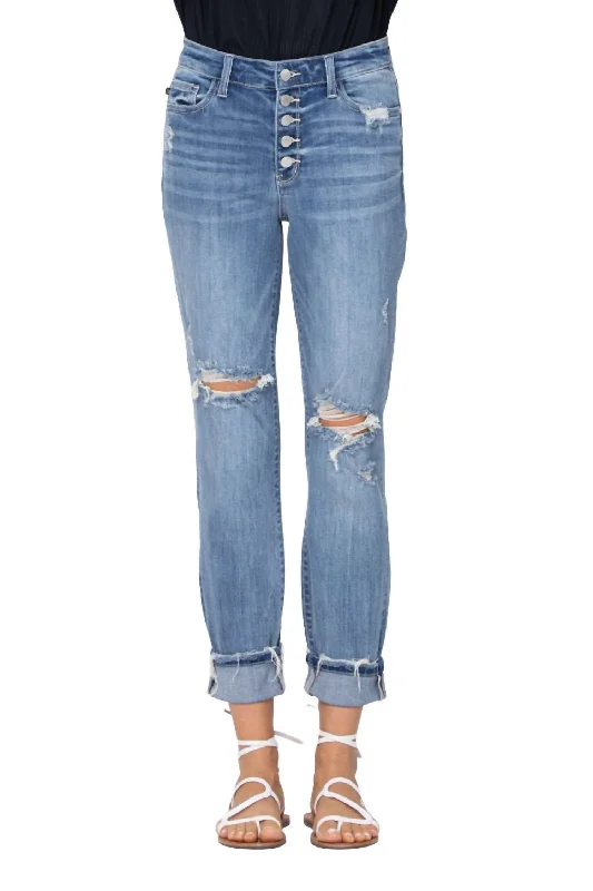 Button Fly Destroyed Boyfriend High-Waist Jean In Blue