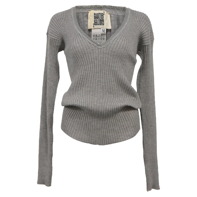 Jean Paul Gaultier Ribbed Knit V-Neck Sweater in Grey Wool