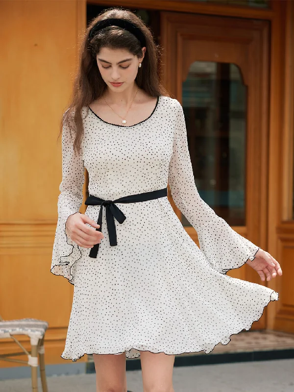 【Flash Sale】Rylan Polka Dot Contrasting Color Round Neck Bell Sleeve Dress