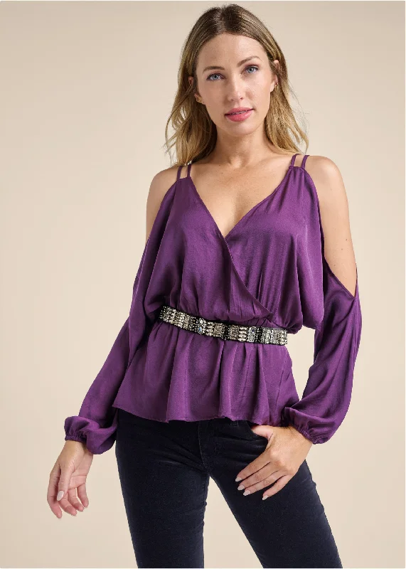 Surplice Cutout Strap Top - Purple