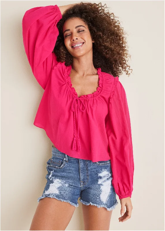 Tassel Long Sleeve Top - Dark Pink