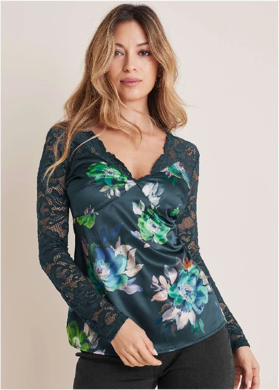 Lace Sleeve Printed Top - Midnight Garden