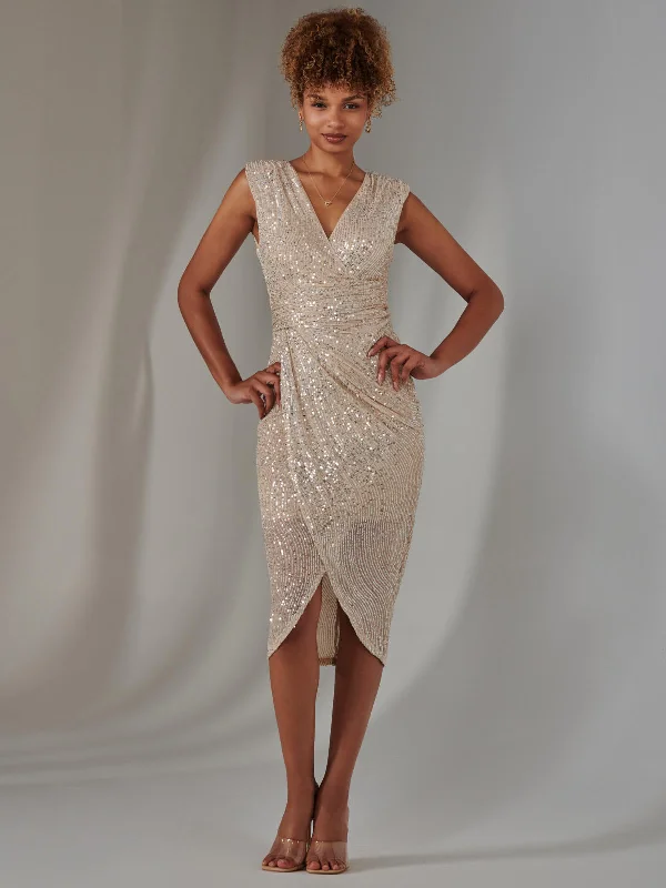 Aisla Ruched Sequin Bodycon Dress, Beige Silver