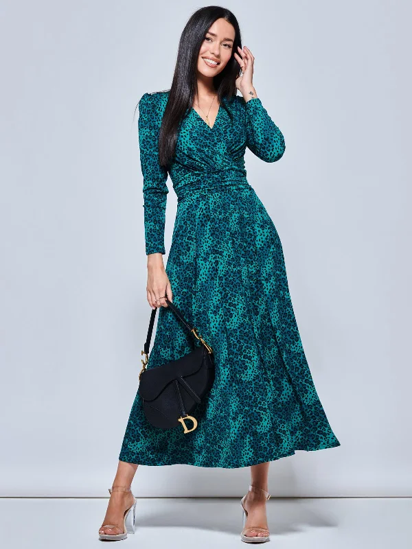 Animal Print Long Sleeve Maxi Dress, Green Animal