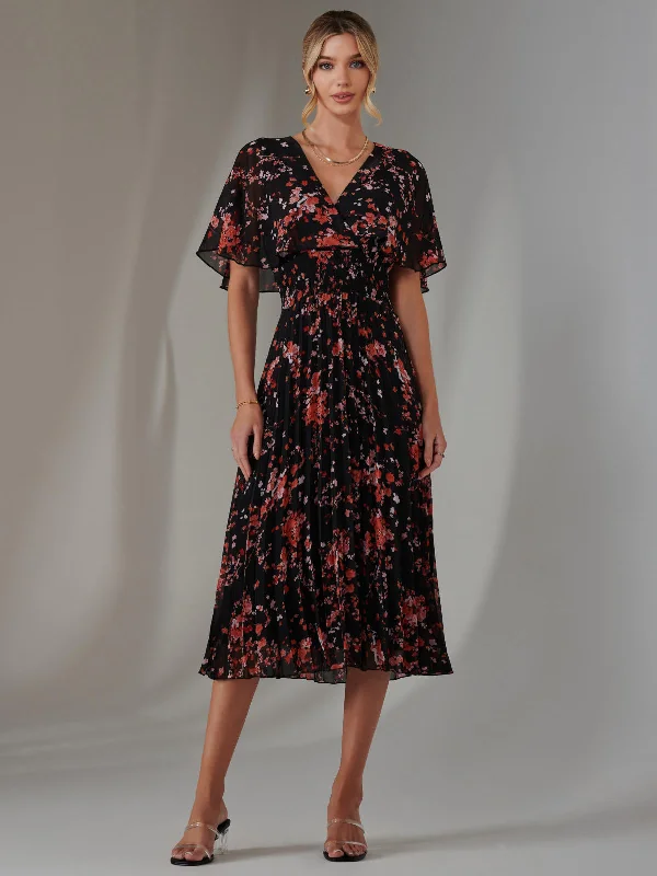 Floral Print Chiffon Pleated Dress, Black Red Floral