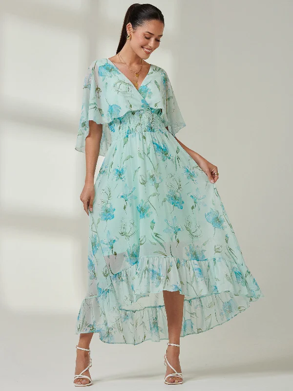 Frill V-neck Chiffon Maxi Dress, Green Floral