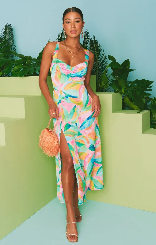 Mina Midi Dress ~ Tropicana Burst Luxe Satin