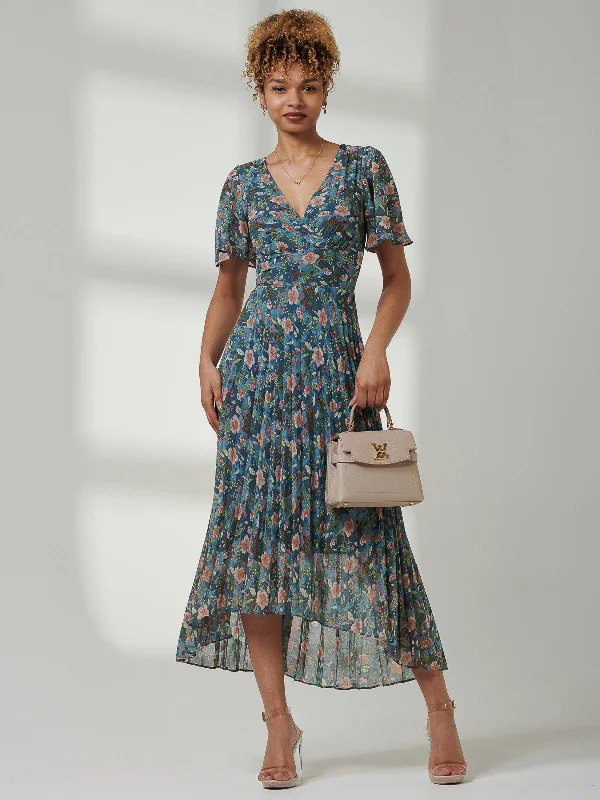 Pleated Chiffon High Low Maxi Dress, Teal Floral