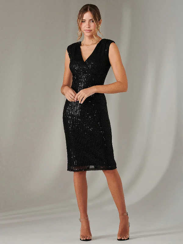 Qaya Sequin V Neck Shift Dress, Black