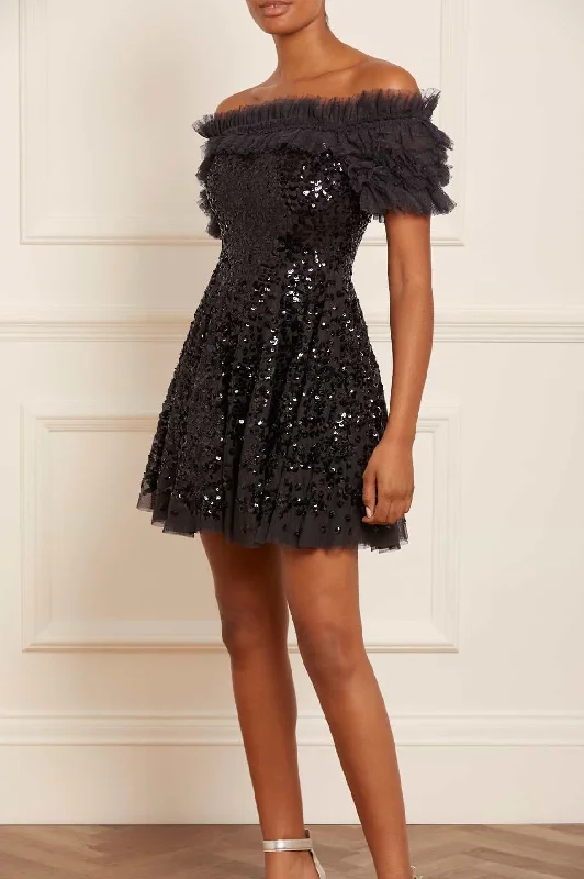 Sequin Wreath Off-Shoulder Micro Mini Dress