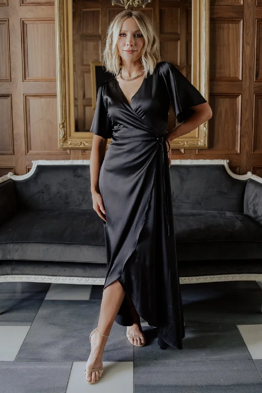 Vara Satin Maxi Wrap Dress | Black