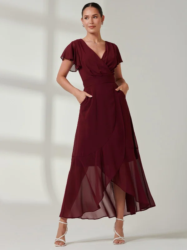 Vicky Chiffon Frill Maxi Dress, Burgundy