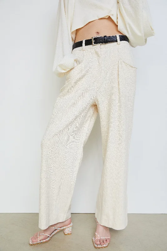 Linen Textured Loose Pants, Ivory