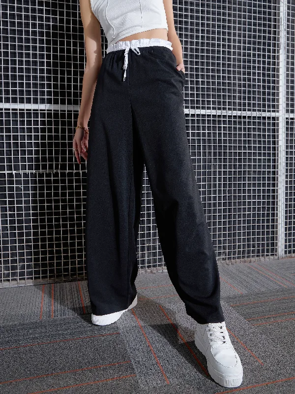 Women Black Contrast Paperback Waist Pants