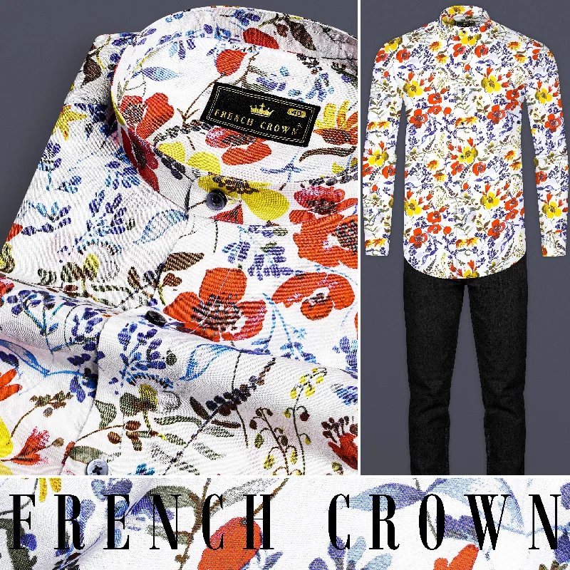 Bright White Multicolour Flower Printed Premium Cotton Shirt