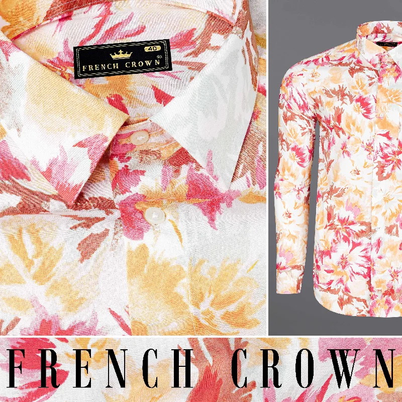 Bright White with Casablanca Yellow and Faded Red Floral Printed Premium Cotton Shirt