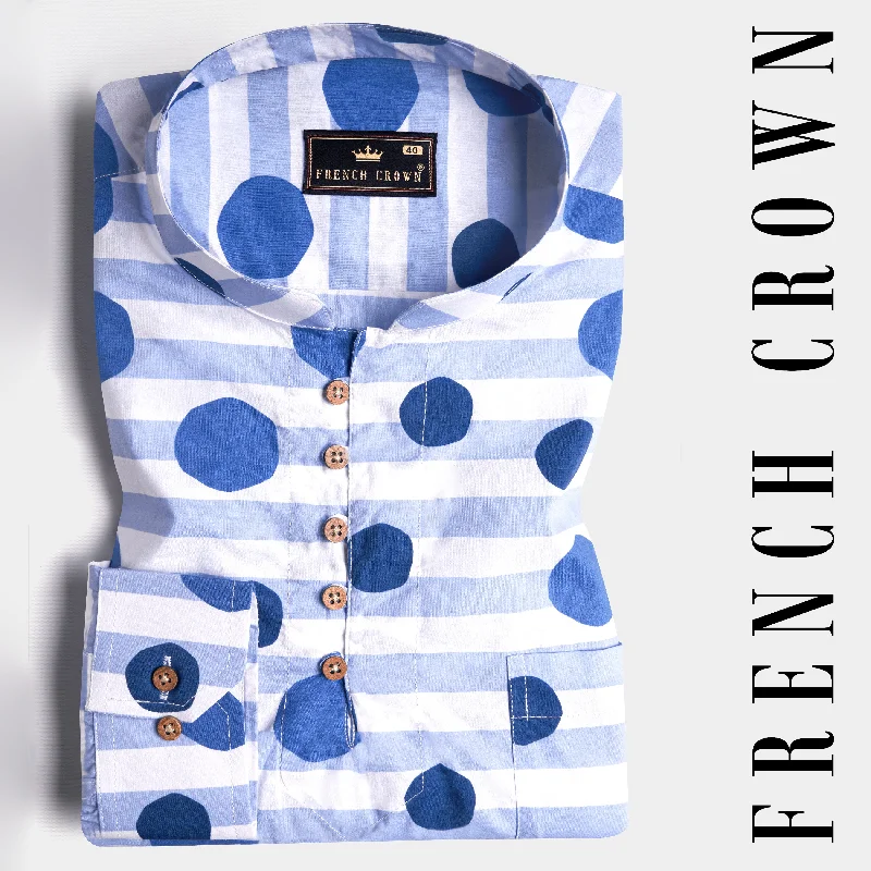 Bright White with Cerulean Blue Striped and Polka Dotted Premium Cotton Kurta Shirt