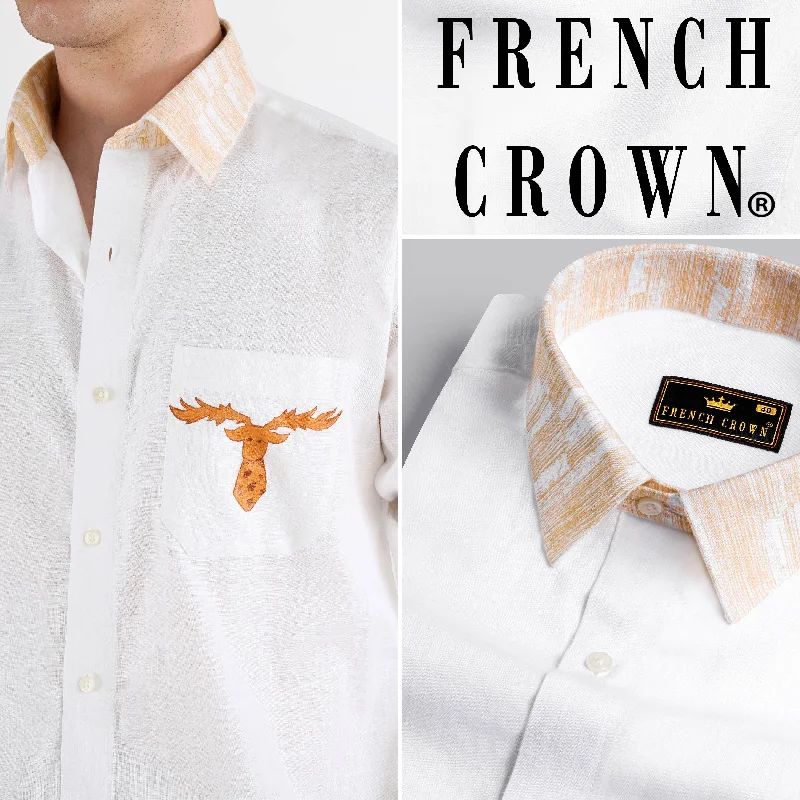 Bright White with Melon Beige Hand Painted Luxurious Linen Designer Shirt