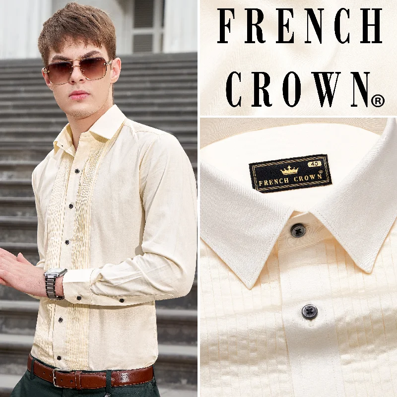 Fantasy Cream Subtle Sheen Snake Pleated Super Soft Premium Cotton Tuxedo Shirt