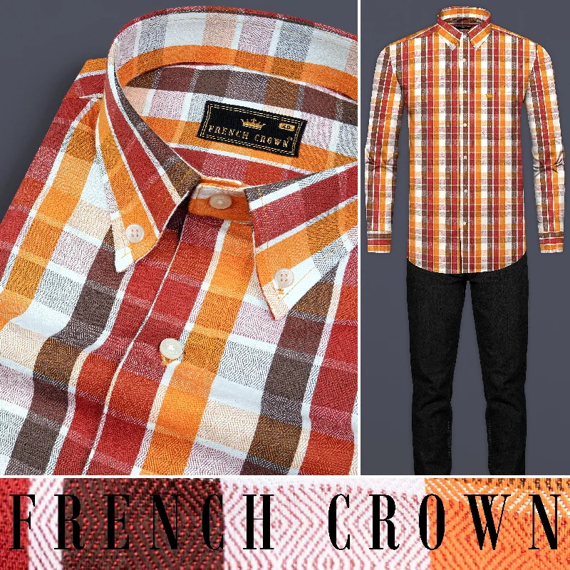 Fire Bush Orange and Rose Madder Red Plaid Dobby Textured Premium Giza Cotton Shirt