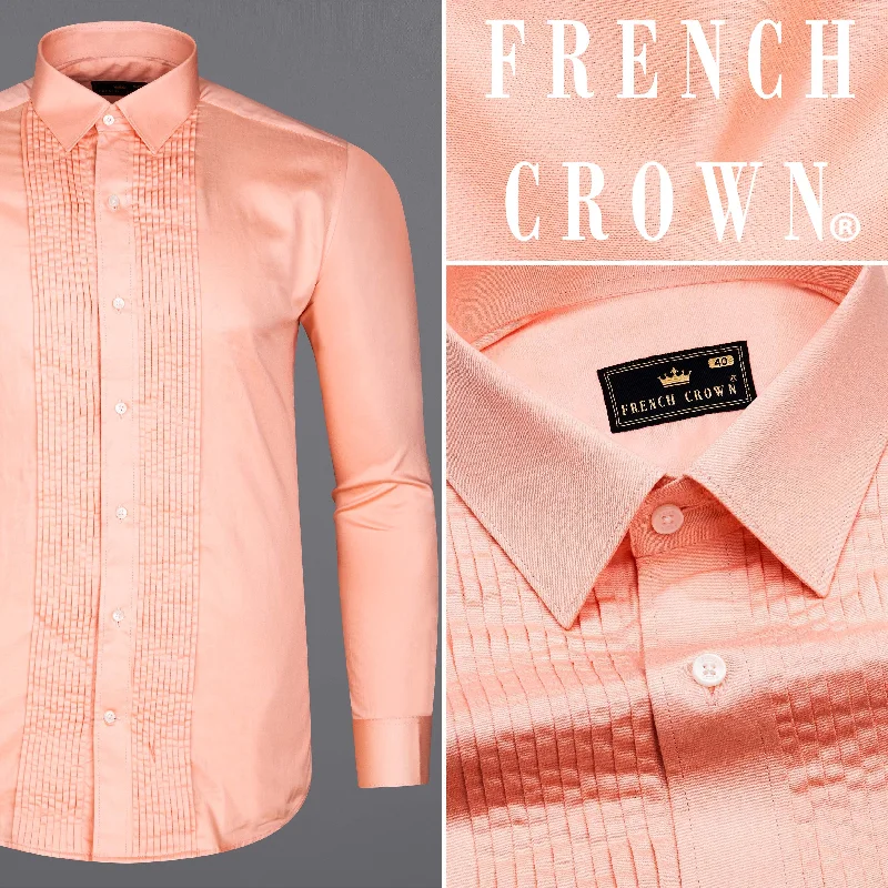 Melon Peach Subtle Sheen Snake Pleated Super Soft Premium Cotton Tuxedo Shirt