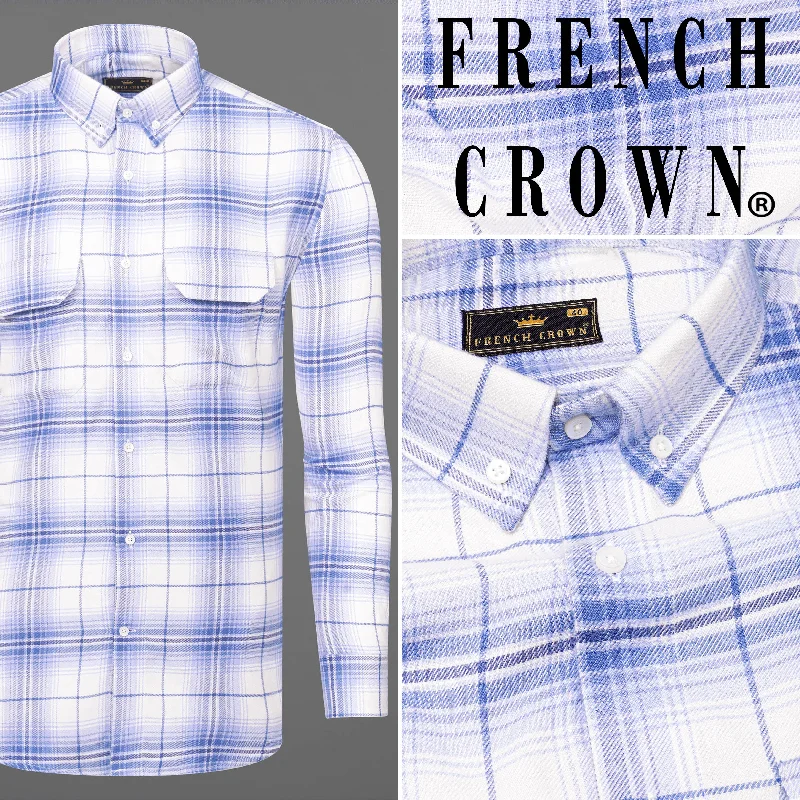 Off White and Azure Blue Plaid Twill Premium Cotton Designer Shirt