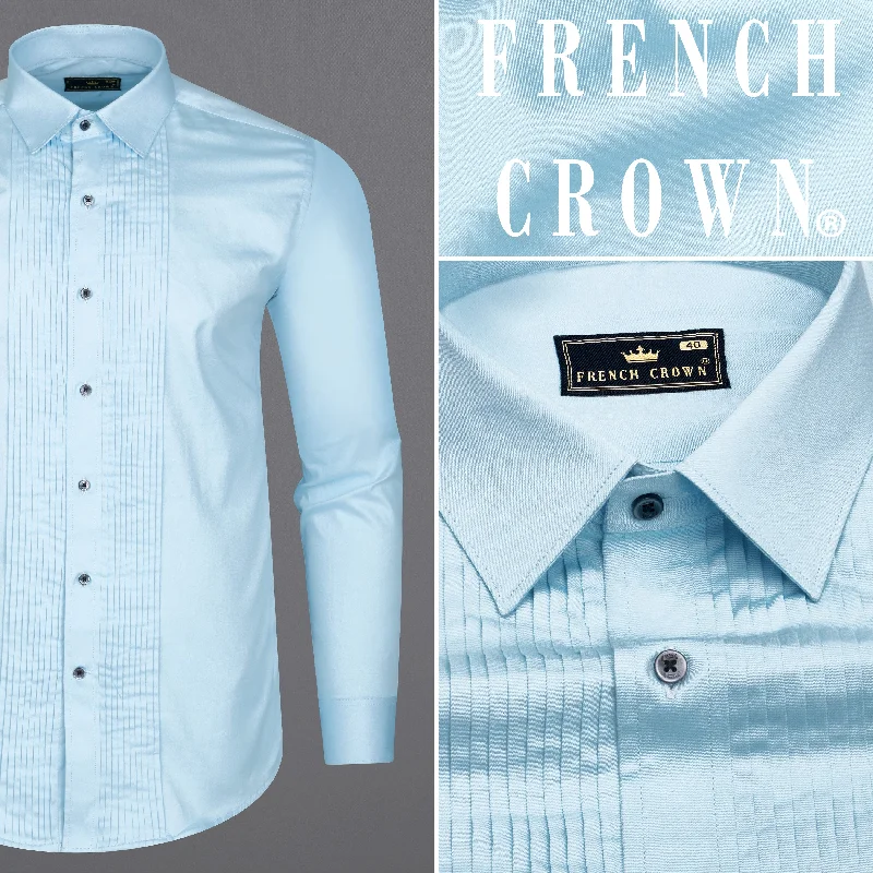 Turquoise Sky Blue Subtle Sheen Snake Pleated Super Soft Premium Cotton Tuxedo Shirt